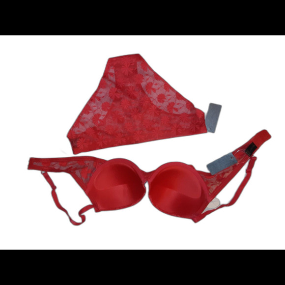Youmita 36C Tomato Floral Lace Push-Up Bra & Large Floral Lace Panty NWT - Picture 9 of 9